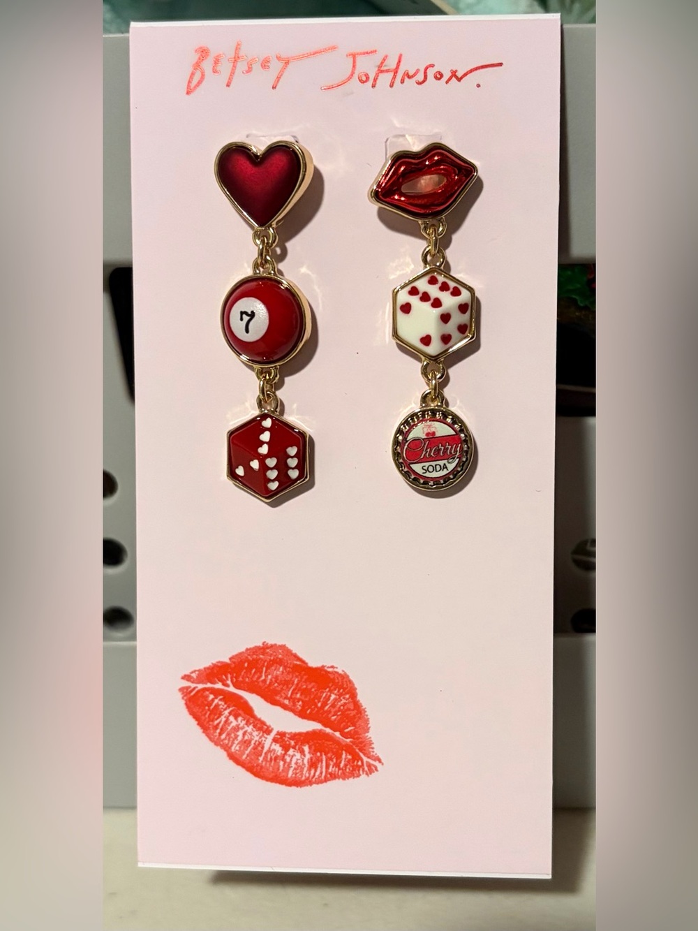 Betsey Johnson Red Heart & Cherry Soda Dangle Earrings